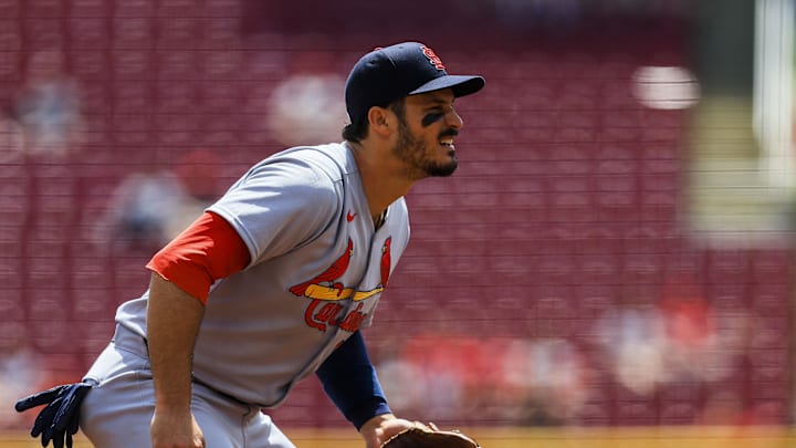 Apr 30, 2025; Cincinnati, Ohio, USA; St. Louis Cardinals third baseman Nolan Arenado (28) prepares for the pitch in the first inning against the Cincinnati Reds at Great American Ball Park. Mandatory Credit: Katie Stratman-Imagn Images