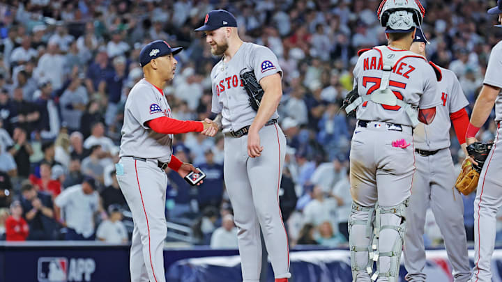 Sep 30, 2025; Bronx, New York, USA; Boston Red Sox manager Alex Cora (13) reacts after a play during the eighth inning against the New York Yankees during game one of the Wildcard round for the 2025 MLB playoffs at Yankee Stadium. Mandatory Credit: Brad Penner-Imagn Images Sep 30, 2025; Bronx, New York, USA; Boston Red Sox manager Alex Cora (13) reacts after a play during the eighth inning against the New York Yankees during game one of the Wildcard round for the 2025 MLB playoffs at Yankee Stadium. Mandatory Credit: Brad Penner-Imagn Images