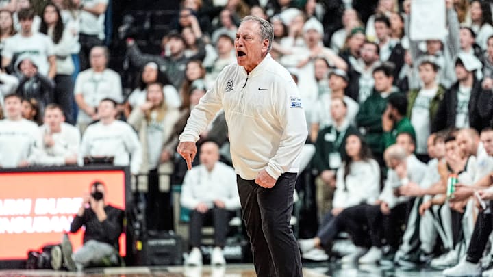 Michigan State head coach Tom Izzo reacts to a play against Michigan during the second half at Breslin Center in East Lansing on Friday, Jan. 30, 2026.
