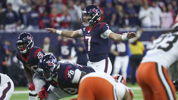 Jan 13, 2024; Houston, Texas, USA; Houston Texans quarterback C.J. Stroud (7) at the line of