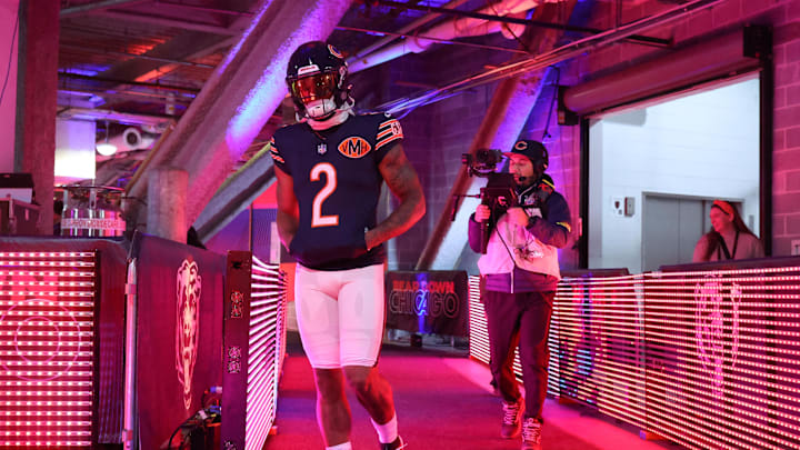 Nov 9, 2025; Chicago, Illinois, USA; Chicago Bears wide receiver DJ Moore (2) takes the field before the game against the New York Giants at Soldier Field. Nov 9, 2025; Chicago, Illinois, USA; Chicago Bears wide receiver DJ Moore (2) takes the field before the game against the New York Giants at Soldier Field.