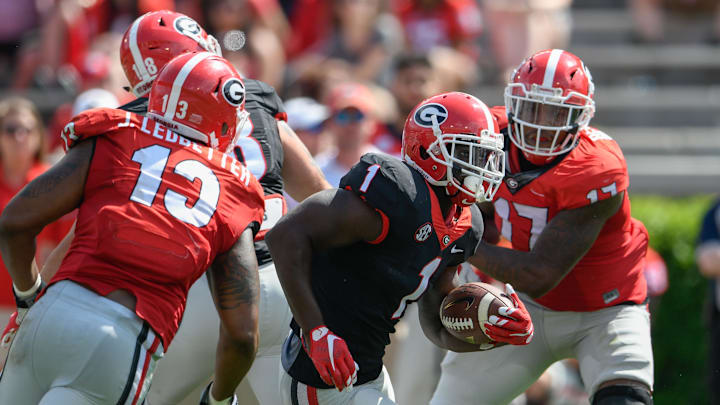Apr 22, 2017; Athens, GA, USA; Georgia Bulldogs black team running back Sony Michel (1) runs against the red team during the second half during the Georgia Spring Game at Sanford Stadium. Red defeated Black 25-22. Mandatory Credit: Dale Zanine-Imagn Images