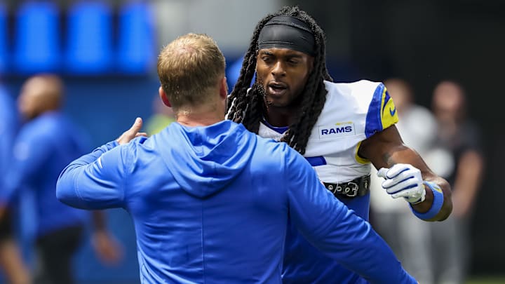 Sep 7, 2025; Inglewood, California, USA; Los Angeles Rams wide receiver Davante Adams (17) hugs coach Sean McVay before the game against the Houston Texans at SoFi Stadium. Mandatory Credit: Kiyoshi Mio-Imagn Images Sep 7, 2025; Inglewood, California, USA; Los Angeles Rams wide receiver Davante Adams (17) hugs coach Sean McVay before the game against the Houston Texans at SoFi Stadium. Mandatory Credit: Kiyoshi Mio-Imagn Images