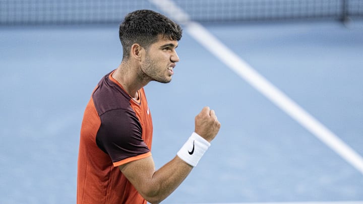 Carlos Alcaraz defeated Andrey Rublev in the Group Stage of the 2024 ATP Finals in Turin, Italy. Carlos Alcaraz defeated Andrey Rublev in the Group Stage of the 2024 ATP Finals in Turin, Italy.