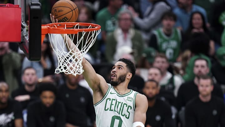May 21, 2024; Boston, Massachusetts, USA; Former Duke basketball forward Jayson Tatum (0) shoots the ball against the Indiana Pacers in the first half for game one of the eastern conference finals