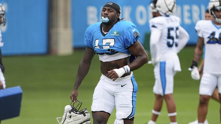 Jul 30, 2024; Charlotte, NC, USA; Carolina Panthers wide receiver Xavier Legette (17) during training camp at Carolina Panthers Practice Fields.