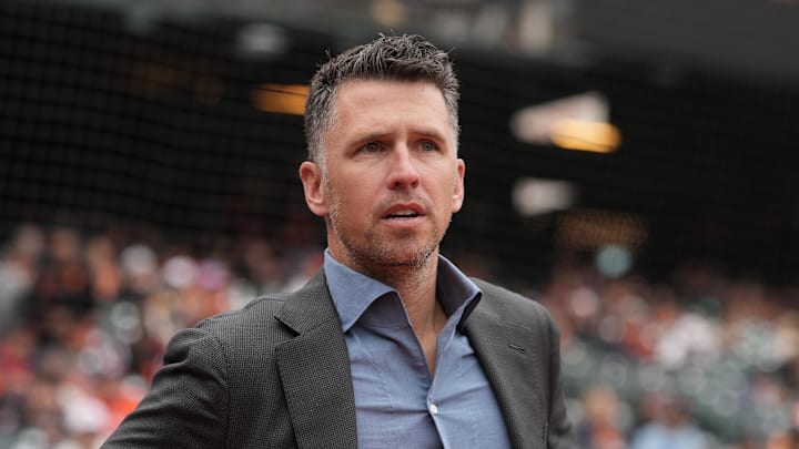 Apr 25, 2026; San Francisco, California, USA; San Francisco Giants president of baseball operations Buster Posey before the game against the Miami Marlins at Oracle Park. Mandatory Credit: Darren Yamashita-Imagn Images