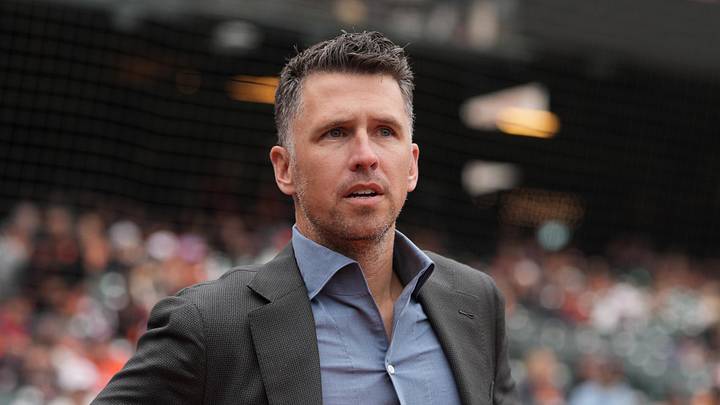San Francisco, California, USA; San Francisco Giants president of baseball operations Buster Posey before the game against the Miami Marlins at Oracle Park. Mandatory Credit: Darren Yamashita-Imagn Images