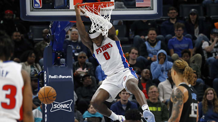 Dec 9, 2022; Memphis, Tennessee, USA; Detroit Pistons center Jalen Duren (0) dunks during the second