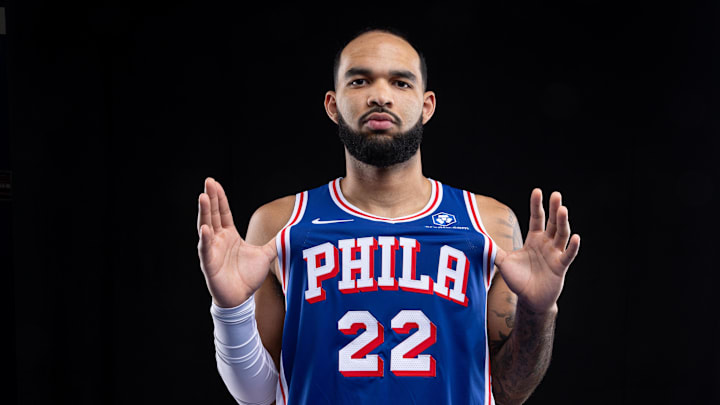 Sep 26, 2025; Camden, NJ, USA; Philadelphia 76ers Johni Broome poses for a photo during media day. Mandatory Credit: Bill Streicher-Imagn Images