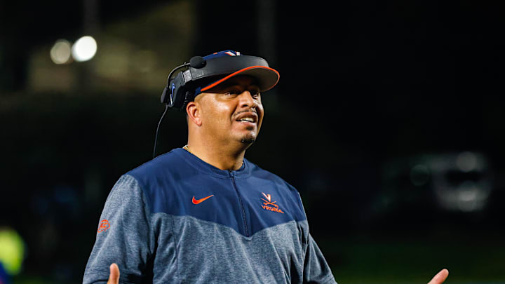 Oct 1, 2022; Durham, North Carolina, USA; Virginia Cavaliers head coach Tony Elliot reacts during the second half against the Duke Blue Devils at Wallace Wade Stadium. Mandatory Credit: Jaylynn Nash-Imagn Images Oct 1, 2022; Durham, North Carolina, USA; Virginia Cavaliers head coach Tony Elliot reacts during the second half against the Duke Blue Devils at Wallace Wade Stadium. Mandatory Credit: Jaylynn Nash-Imagn Images