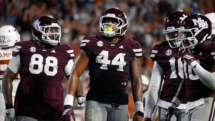 Mississippi State Bulldogs linebacker Branden Jennings (44) reacts during the fourth quarter against the Texas Longhorns at Davis Wade Stadium at Scott Field.