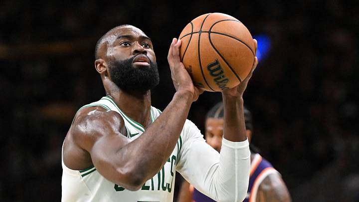 Boston Celtics guard Jaylen Brown attempts a free throw against the Phoenix Suns during the second half at the TD Garden. Boston Celtics guard Jaylen Brown attempts a free throw against the Phoenix Suns during the second half at the TD Garden.