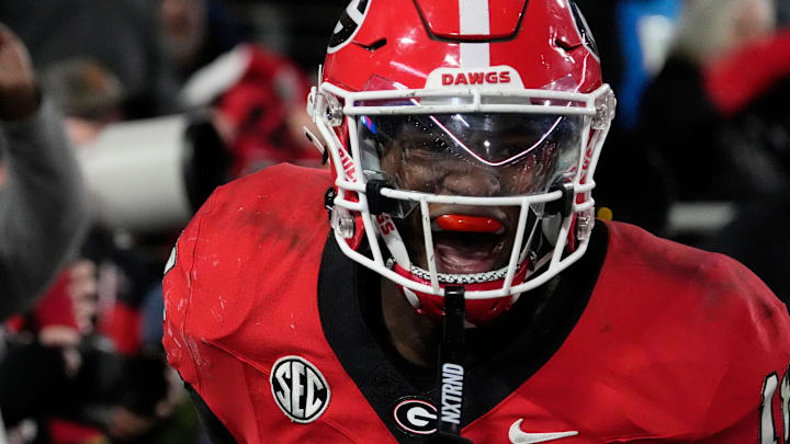 Georgia linebacker Chris Cole (18) celebrates after recovering fumble late during the second half of a NCAA college football game against Tennessee in Athens, Ga., on Saturday, Nov. 16, 2024.