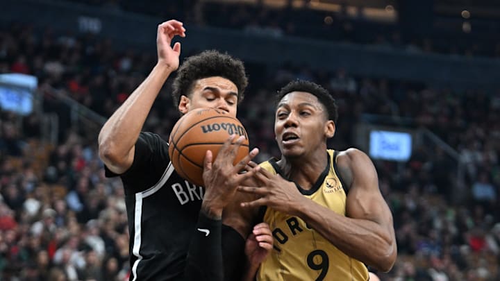 Feb 22, 2024; Toronto, Ontario, CAN; Toronto Raptors forward RJ Barrett (9) loses control of the ball against Brooklyn Nets forward Cam Johnson (2) in the first half at Scotiabank Arena. Mandatory Credit: Dan Hamilton-Imagn Images Feb 22, 2024; Toronto, Ontario, CAN; Toronto Raptors forward RJ Barrett (9) loses control of the ball against Brooklyn Nets forward Cam Johnson (2) in the first half at Scotiabank Arena. Mandatory Credit: Dan Hamilton-Imagn Images