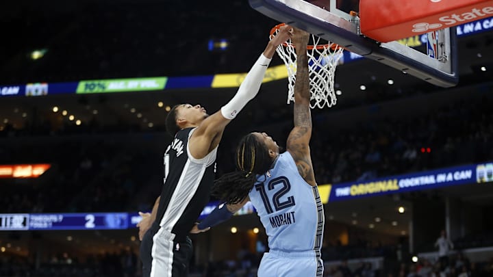  San Antonio Spurs center Victor Wembanyama (1) blocks the shot of Memphis Grizzlies guard Ja Morant (12) during the first half at FedExForum. Mandatory Credit: Petre Thomas-Imagn Images