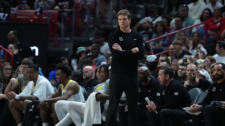 Mar 2, 2024; Miami, Florida, USA; Utah Jazz head coach Will Hardy watches the action against the