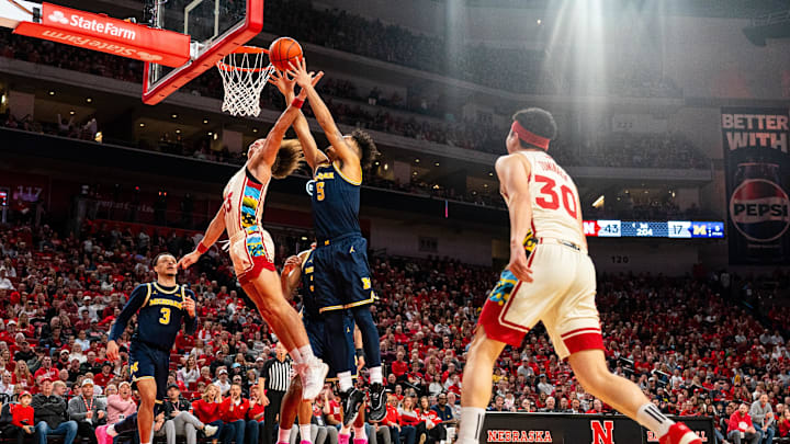 Nebraska Cornhuskers forward Josiah Allick (53) goes up for a rebound