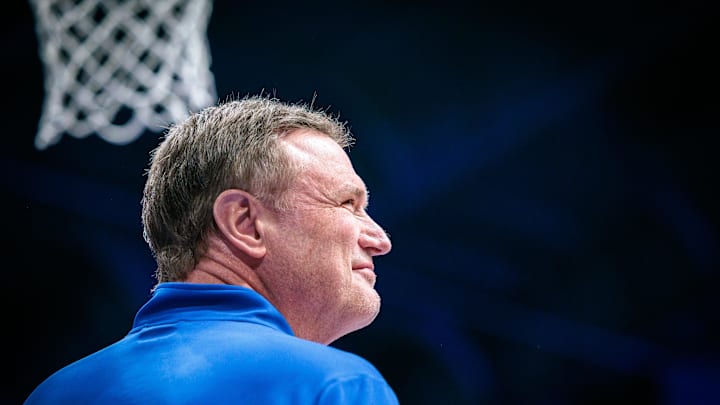 Mar 1, 2025; Lawrence, Kansas, USA; Kansas Jayhawks coach Bill Self prior to the game against the Texas Tech Red Raiders at Allen Fieldhouse. Mandatory Credit: William Purnell-Imagn Images