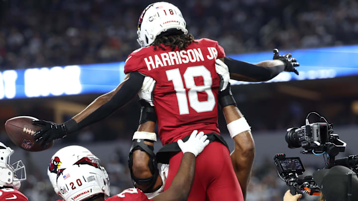 Nov 3, 2025; Arlington, Texas, USA; Arizona Cardinals wide receiver Marvin Harrison Jr. (18) celebrates with teammates after scoring a touchdown against the Dallas Cowboys in the first half at AT&T Stadium. Mandatory Credit: Kevin Jairaj-Imagn Images