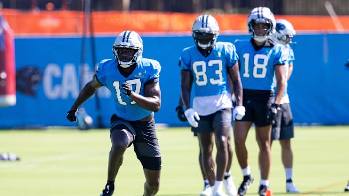 Jul 26, 2025; Charlotte, NC, USA; Carolina Panthers wide receiver Xavier Legette (17) runs routes during training camp. Mandatory Credit: Scott Kinser-Imagn Images