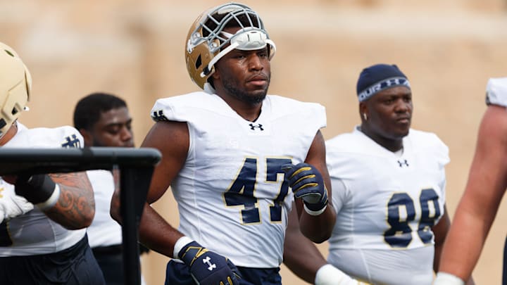 Notre Dame defensive lineman Jason Onye (47) lines up for a drill during a football practice at Irish Athletic Center on Thursday, July 31, 2025, in South Bend.