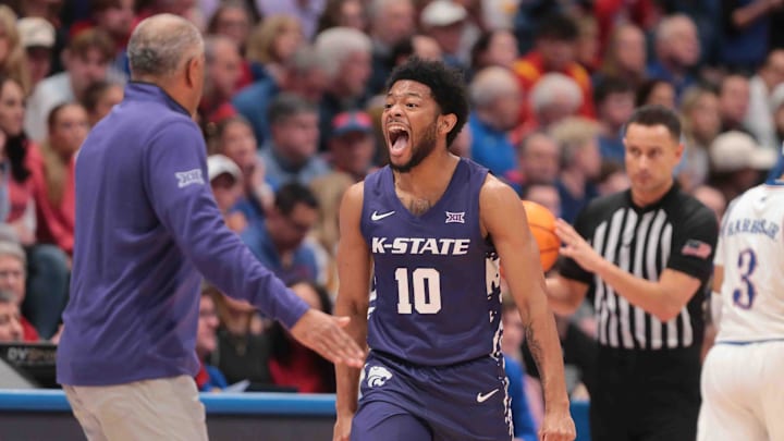 Kansas State Wildcats guard David Castillo (10) yells out after cutting the Kansas Jayhawks lead down in the second half of the Sunflower Showdown game inside Allen Fieldhouse Saturday, Jan. 18, 2025.