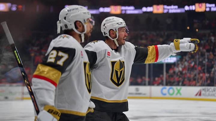 May 8, 2026; Anaheim, California, USA; Vegas Golden Knights defenseman Shea Theodore (27) celebrates his goal scored against the Anaheim Ducks with defenseman Brayden McNabb (3) during the first period in game three of the second round of the 2026 Stanley Cup Playoffs at Honda Center. Mandatory Credit: Gary A.Vasquez-Imagn Images May 8, 2026; Anaheim, California, USA; Vegas Golden Knights defenseman Shea Theodore (27) celebrates his goal scored against the Anaheim Ducks with defenseman Brayden McNabb (3) during the first period in game three of the second round of the 2026 Stanley Cup Playoffs at Honda Center. Mandatory Credit: Gary A.Vasquez-Imagn Images