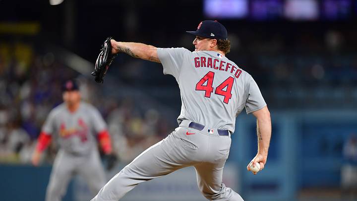 Sep 2, 2026; Los Angeles, California, USA;  St. Louis Cardinals pitcher Gordon Graceffo (44) pitches against the Los Angeles Dodgers during the third inning at UNIQLO Field at Dodger Stadium.  Mandatory Credit: Gary A. Vasquez-Imagn Images