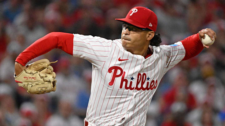 Aug 31, 2025; Philadelphia, Pennsylvania, USA;  Philadelphia Phillies pitcher Jesús Luzardo (44) throws a pitch during the third inning against the Atlanta Braves at Citizens Bank Park. Mandatory Credit: Eric Hartline-Imagn Images