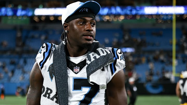 Aug 21, 2025; Charlotte, North Carolina, USA; Carolina Panthers wide receiver Xavier Legette (17) walks off the field after the game against the Pittsburgh Steelers at Bank of America Stadium. Mandatory Credit: Allison Lawhon-Imagn Images