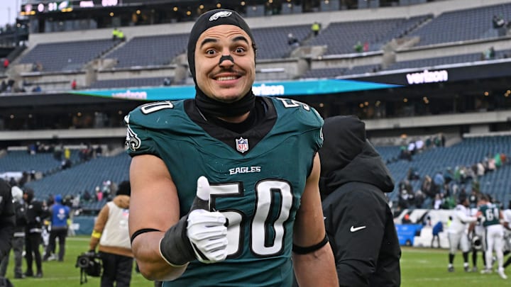 Philadelphia Eagles linebacker Jaelan Phillips (50) walks off the field after win