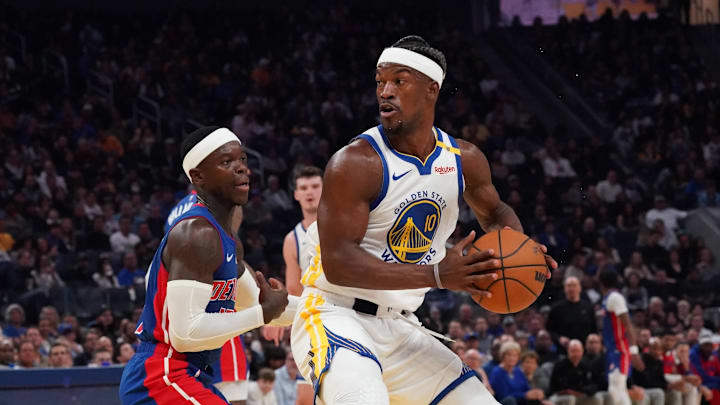 Mar 8, 2025; San Francisco, California, USA; Golden State Warriors forward Jimmy Butler III (10) drives against Detroit Pistons guard Dennis Schroder (71) in the second quarter at Chase Center. Mandatory Credit: David Gonzales-Imagn Images