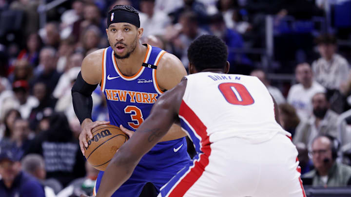 May 1, 2025; Detroit, Michigan, USA; New York Knicks guard Josh Hart (3) is defended by Detroit Pistons center Jalen Duren (0) in the first half during game six of first round for the 2024 NBA Playoffs at Little Caesars Arena. Mandatory Credit: Rick Osentoski-Imagn Images May 1, 2025; Detroit, Michigan, USA; New York Knicks guard Josh Hart (3) is defended by Detroit Pistons center Jalen Duren (0) in the first half during game six of first round for the 2024 NBA Playoffs at Little Caesars Arena. Mandatory Credit: Rick Osentoski-Imagn Images