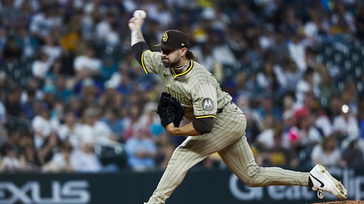 Aug 25, 2025; Seattle, Washington, USA; San Diego Padres relief pitcher David Morgan (66) throws against the Seattle Mariners during the fifth inning at T-Mobile Park. Mandatory Credit: Joe Nicholson-Imagn Images