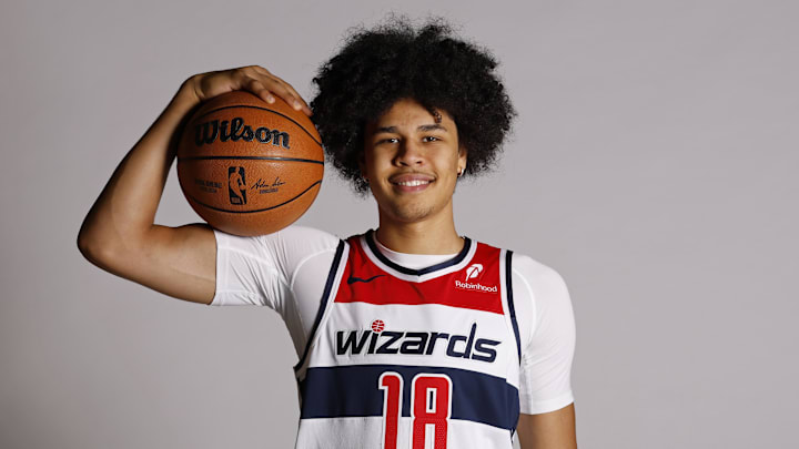 Sep 29, 2025; Washington, DC, USA; Washington Wizards forward Kyshawn George (18) poses for a portrait during Wizards Media Day at CareFirst Arena. Mandatory Credit: Geoff Burke-Imagn Images