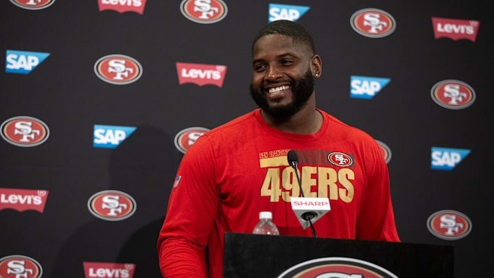 Jul 25, 2024; Santa Clara, CA, USA; San Francisco 49ers defensive lineman Javon Hargrave answers questions at a press conference following Day 3 of training camp at SAP Performance Facility. Mandatory Credit: D. Ross Cameron-Imagn Images Jul 25, 2024; Santa Clara, CA, USA; San Francisco 49ers defensive lineman Javon Hargrave answers questions at a press conference following Day 3 of training camp at SAP Performance Facility. Mandatory Credit: D. Ross Cameron-Imagn Images