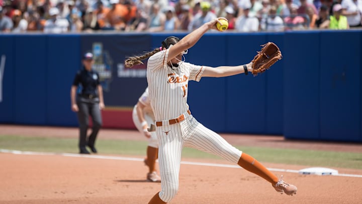 May 31, 2025; Oklahoma City, OK, USA;  Texas Longhorns pitcher Teagan Kavan (17) throws a pitch in the first inning against the Oklahoma Sooners during the NCAA Softball Women's College World Series at Devon Park. Mandatory Credit: Brett Rojo-Imagn Images