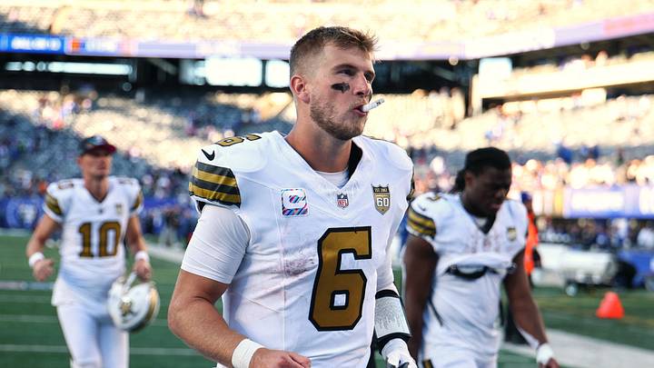 Oct 18, 2026; East Rutherford, New Jersey, USA;  New Orleans Saints quarterback Tyler Shough (6) leaves the field after a game against the New York Giants at MetLife Stadium.  Mandatory Credit: Vincent Carchietta-Imagn Images