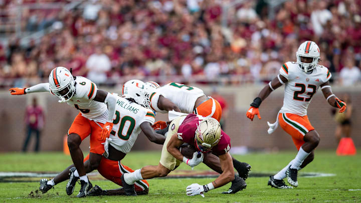 The Florida State Seminoles and the Miami Hurricanes are tied 10-10 at the half on Saturday, Nov. 11, 2023.