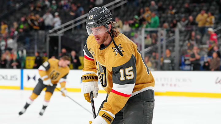 Jan 29, 2026; Las Vegas, Nevada, USA; Vegas Golden Knights defenseman Noah Hanifin (15) warms up before a game against the Dallas Stars at T-Mobile Arena. Mandatory Credit: Stephen R. Sylvanie-Imagn Images