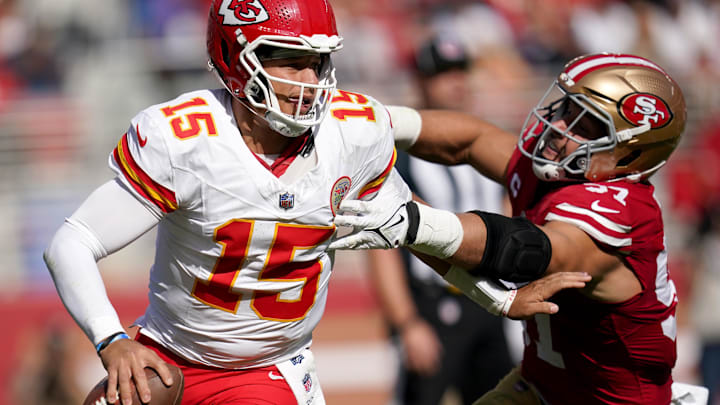 Oct 20, 2024; Santa Clara, California, USA; Kansas City Chiefs quarterback Patrick Mahomes (15) eludes San Francisco 49ers defensive end Nick Bosa (97) in the second quarter at Levi's Stadium. Mandatory Credit: Cary Edmondson-Imagn Images Oct 20, 2024; Santa Clara, California, USA; Kansas City Chiefs quarterback Patrick Mahomes (15) eludes San Francisco 49ers defensive end Nick Bosa (97) in the second quarter at Levi's Stadium. Mandatory Credit: Cary Edmondson-Imagn Images