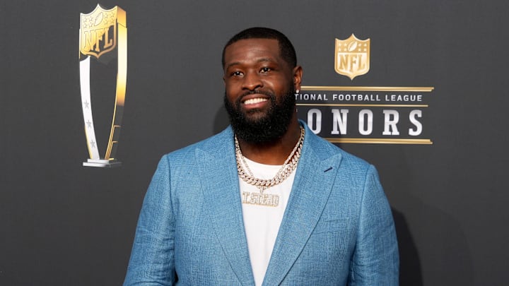 Feb 8, 2024; Las Vegas, NV, USA; Terron Armstead on the red carpet before the NFL Honors show at Resorts World Theatre. Mandatory Credit: Kirby Lee-Imagn Images