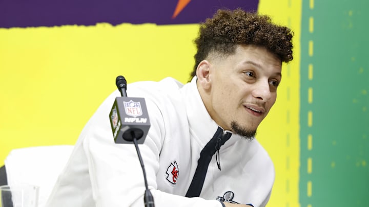 Feb 3, 2025; New Orleans, LA, USA; Kansas City Chiefs quarterback Patrick Mahomes (15) talks to the media during Super Bowl LIX Opening Night at Ceasars Superdome. 