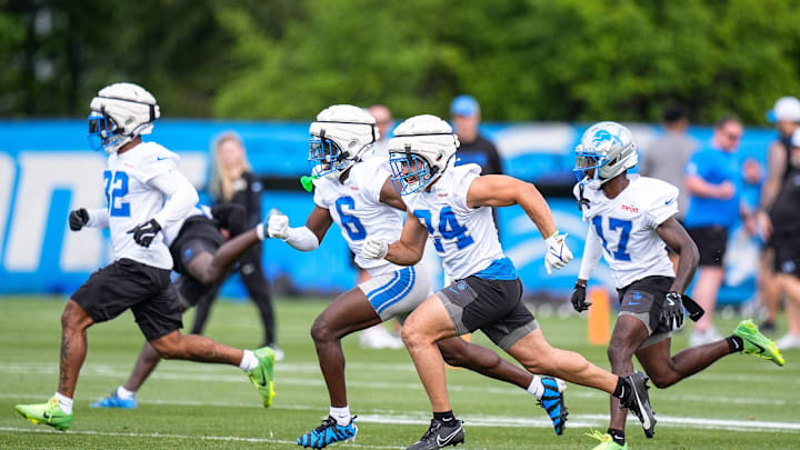 From left, Detroit Lions safety Brian Branch (32), cornerback Terrion Arnold (6), safety Loren Strickland (24), cornerback Dicaprio Bootle (17) during training camp at Meijer Performance Center in Allen Park on Sunday, July 20, 2025.