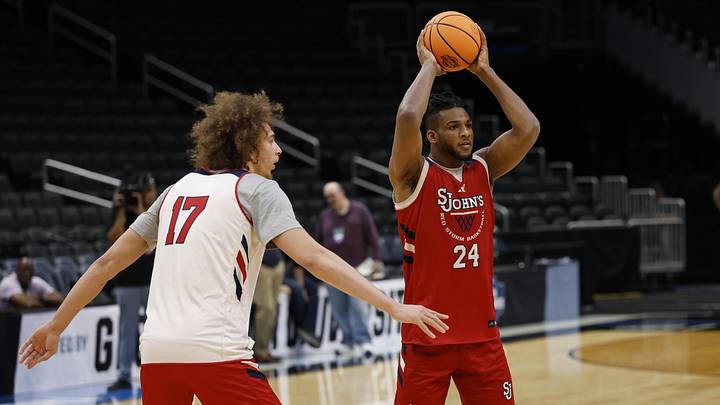 Mar 26, 2026; Washington, DC, USA; St. John's Red Storm forward Zuby Ejiofor (24) holds the ball as Red Storm forward Rubén Prey (17) defends during a practice session ahead of the east regional of the men's 2026 NCAA Tournament at Capital One Arena. Mar 26, 2026; Washington, DC, USA; St. John's Red Storm forward Zuby Ejiofor (24) holds the ball as Red Storm forward Rubén Prey (17) defends during a practice session ahead of the east regional of the men's 2026 NCAA Tournament at Capital One Arena.