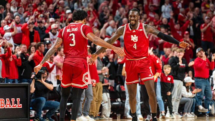 Feb 25, 2024; Lincoln, Nebraska, USA; Nebraska Cornhuskers forward Juwan Gary (4) celebrates a play. 