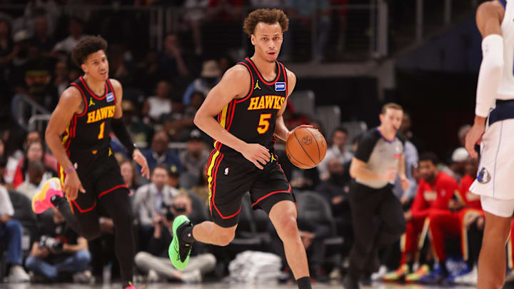 Mar 10, 2026; Atlanta, Georgia, USA; Atlanta Hawks guard Dyson Daniels (5) dribbles against the Dallas Mavericks in the third quarter at State Farm Arena. Mandatory Credit: Brett Davis-Imagn Images