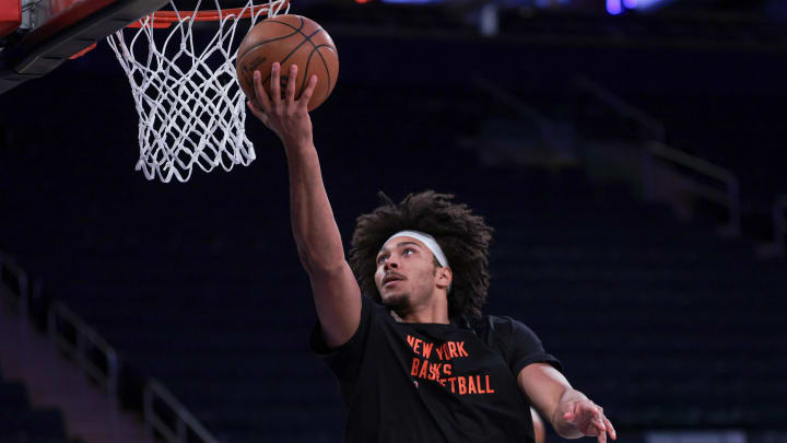 Apr 22, 2024; New York, New York, USA;  New York Knicks center Jericho Sims (45) warms up before a game against the Philadelphia 76ers during game two of the first round for the 2024 NBA playoffs at Madison Square Garden. Mandatory Credit: Vincent Carchietta-USA TODAY Sports