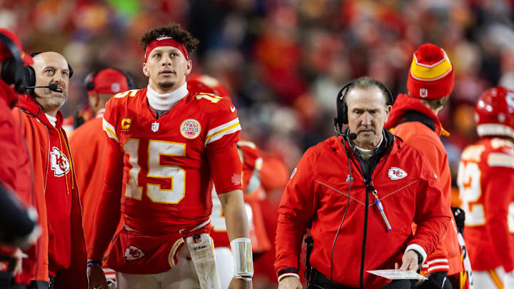 Jan 26, 2025; Kansas City, MO, USA; Kansas City Chiefs quarterback Patrick Mahomes (15) alongside defensive coordinator Steve Spagnuolo against the Buffalo Bills during the AFC Championship game at GEHA Field at Arrowhead Stadium. Mandatory Credit: Mark J. Rebilas-Imagn Images